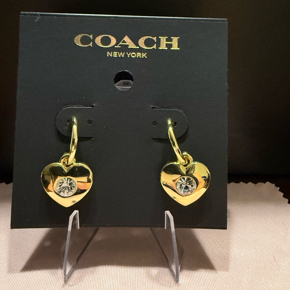 NEW Coach Gold Tone Huggie Dangle Heart Earrings with white Crystals
